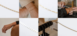 A grid of images including permanent jewelry gold and silver chains on a white background and 3 close-up wrist photos with welded permanent chains. Last image is of an assortment of permanent jewelry chains hung over a black velvet bracelet display.
