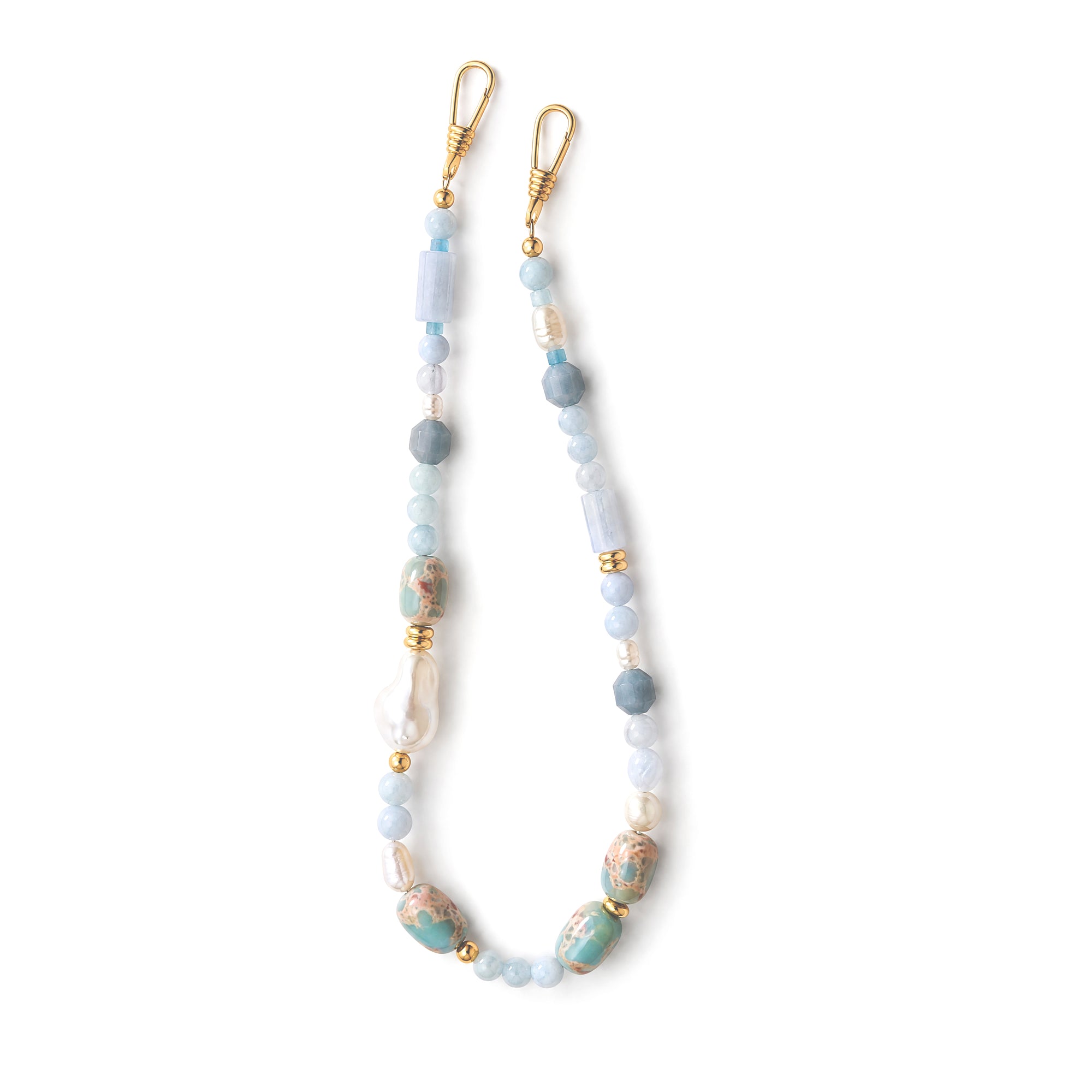 Beaded necklace with gold clasps on a white background