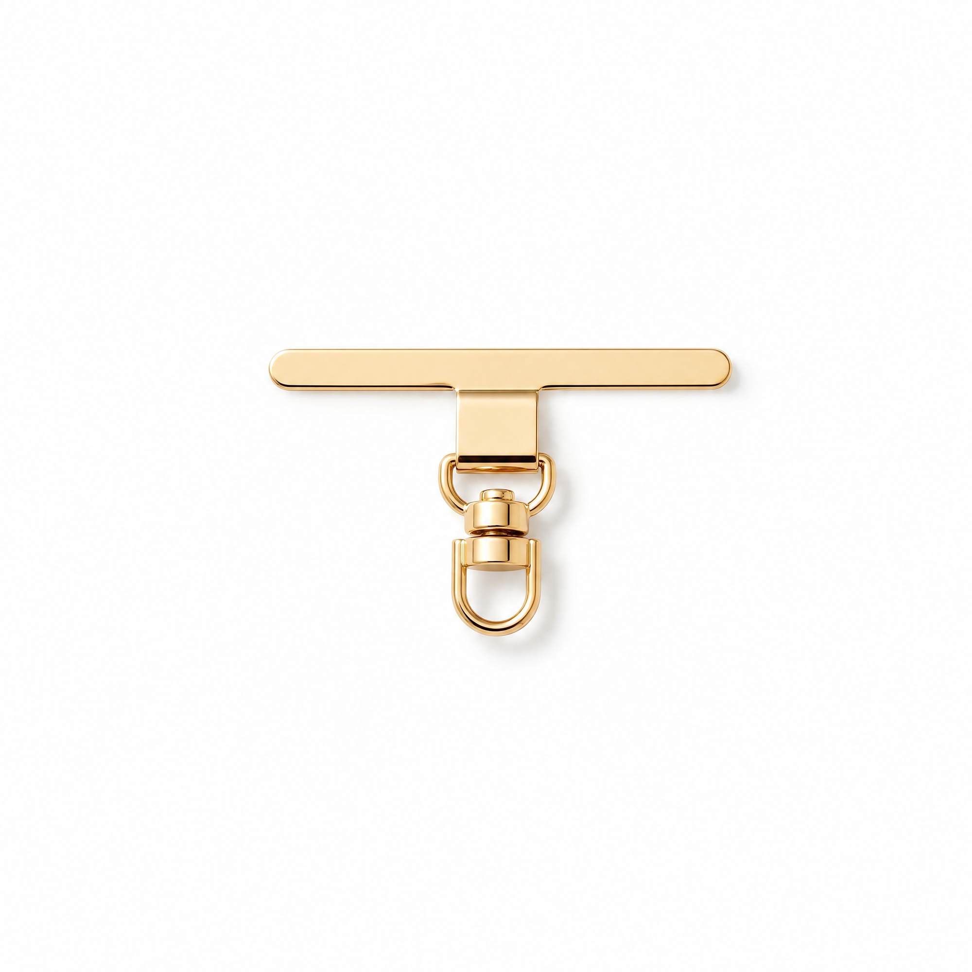 Gold metal T-bar with clasp on a white background