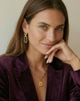 Woman wearing gold earrings and necklace, posing with hand on chin against a neutral background