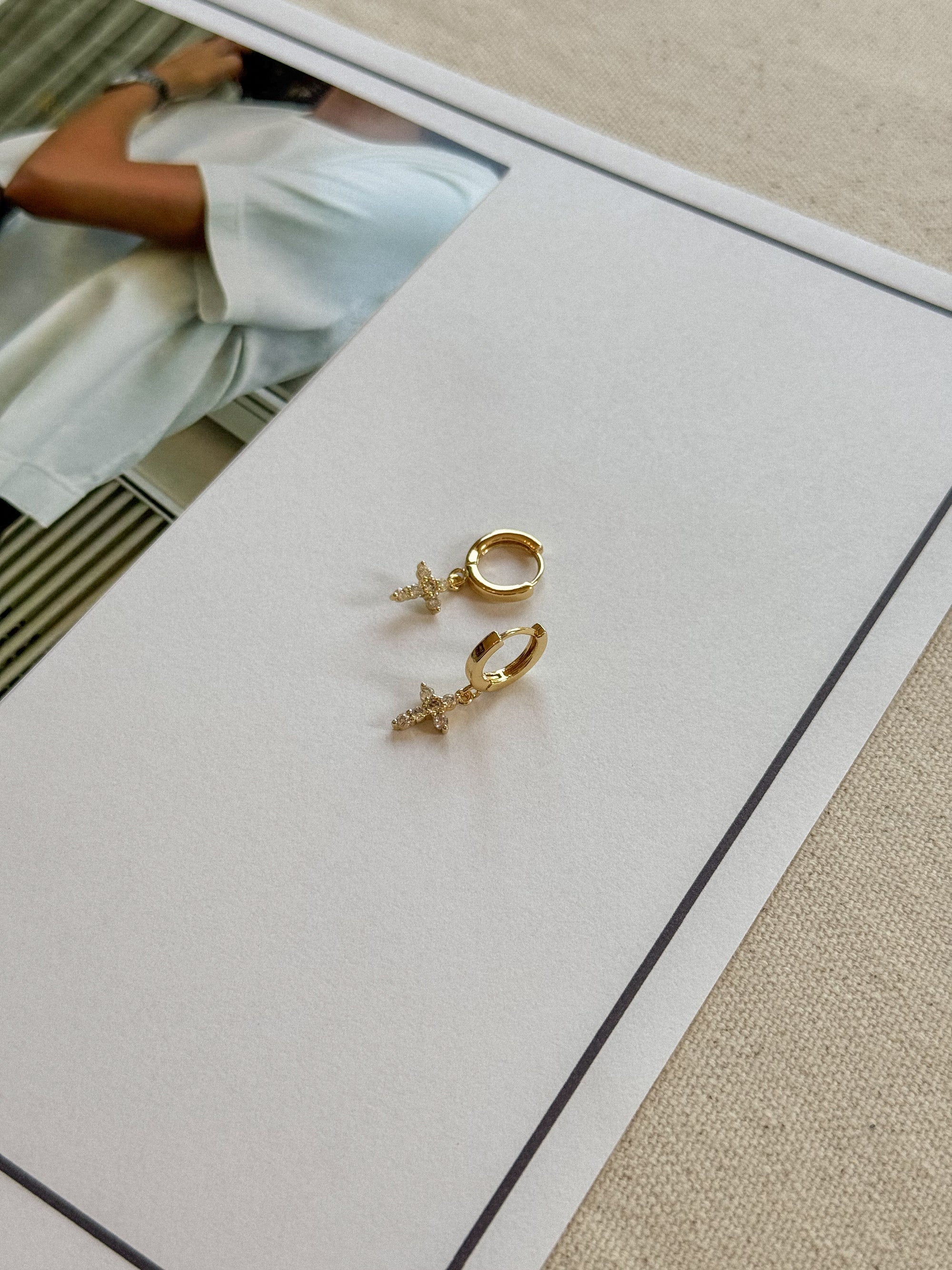Gold earrings on a white card with a blurred background